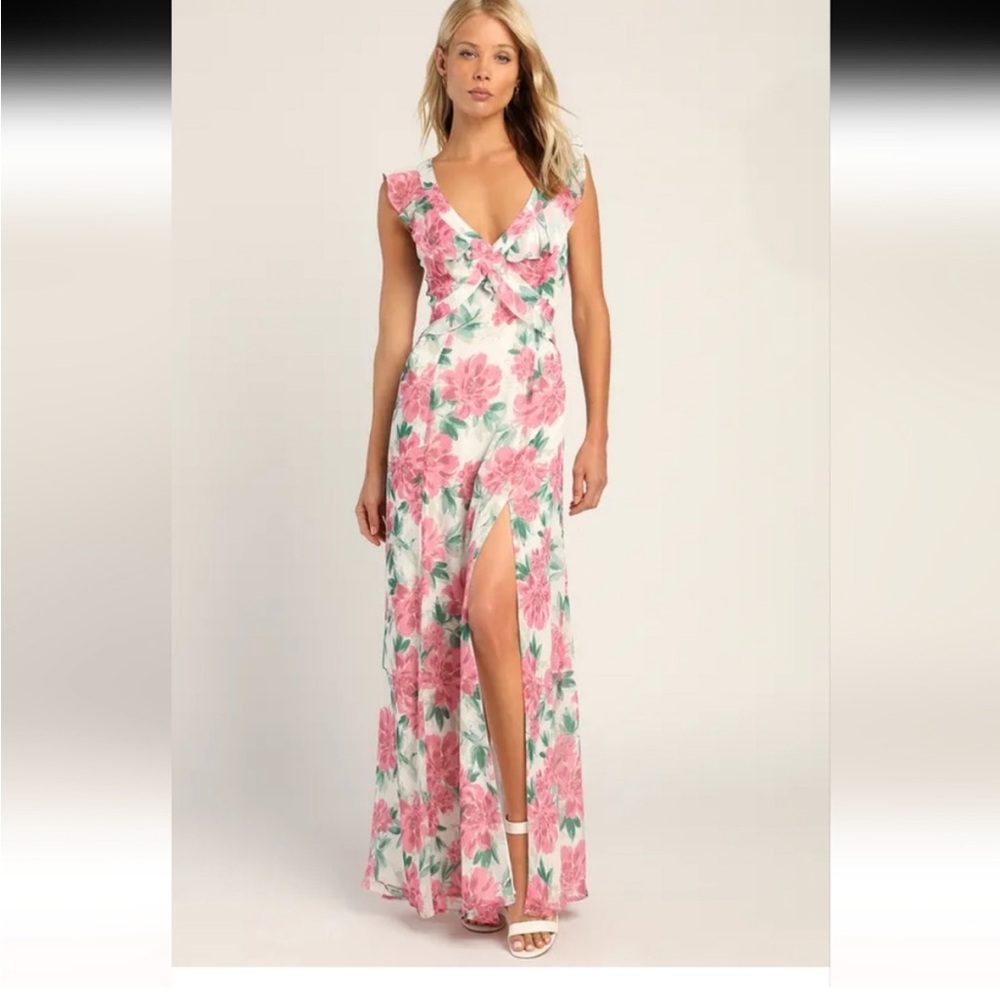 Lulus Sensational Spring White Pink Floral Ruffle Maxi Dress XS